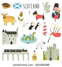 Set of famous symbols of Scotland. Vector collection of colorful icons