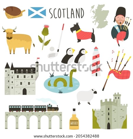 Set of famous symbols of Scotland. Vector collection of colorful icons