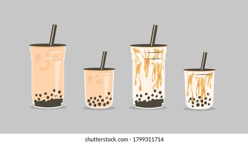 Set of famous Taiwanese beverage. Take away glass of brown sugar bubble tea and pearls milk tea in two sizes small, medium and large cup. Vector illustration for street asian drinks at night market. 