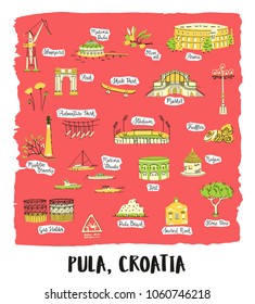 A set of famous tourist attractions of Pula, Croatia. Cartoon style doodle, handmade vector illustration.