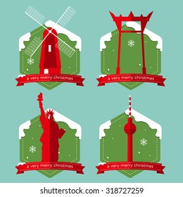 Set of famous world landmark buildings icons  with Christmas badge in flat design . Vector Illustration