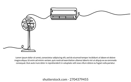 Lüftersatz und Klimaanlage in einer Leitung. Elektronische Werkzeuge. Abstrakte minimale durchgehende Linie einzeln auf weißem Hintergrund.