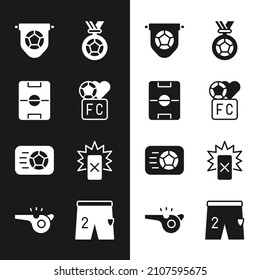 Set Fan club football, Football field, flag pennant, or soccer medal, Soccer, Red card, Shorts for playing and Whistle icon. Vector