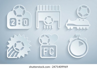 Set Fan club football, Football shoes, Soccer, Stopwatch, goal with and Sport mechanical scoreboard icon. Vector
