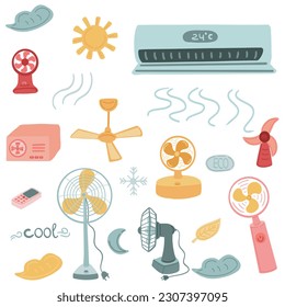 Set of fan electrical and manual AC air condition flat design