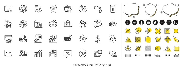 Set of Fan engine, New star and Loan percent line icons for web app. Design elements, Social media icons. Loan, Graph chart, Business growth icons. Loyalty tags, Wallet, Shopping cart signs. Vector