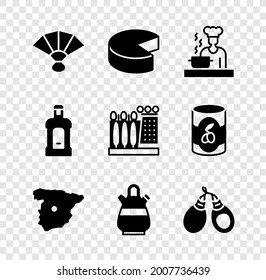 Set Fan flamenco, Cheese, Spanish cook, Map of Spain, Sangria pitcher, Castanets, Orujo and Dali museum icon. Vector
