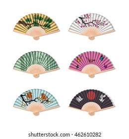 Set Fan On A White Background . Accessory Geisha . Subject To Kabuki Dance. Vector Illustration