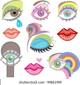 Set of fancy artistic eyes and lips isolated on white.