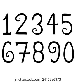 Set of fancy black vector numbers 0-9 handwritten on a white background. 