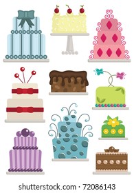set of fancy cakes with frosting and decorations isolated on white