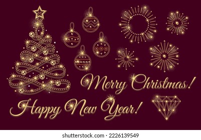 Set of fancy christmas decorations made of jewelry gold chains. Christmas tree, christmas balls, diamond, fireworks.