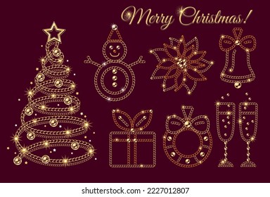Set of fancy christmas tree, snowman, poinsettia, bell, gift box, wreath, champagne glasses made of jewelry gold hains, ball beads, small stars, sparkles Inscription Merry Christmas
