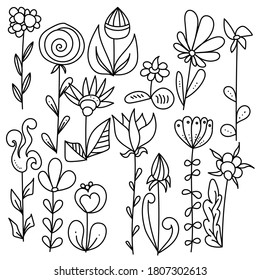 Conjunto de lujosas flores de doodle con líneas simples y puntos en varias formas y tamaños, ilustración de contorno vectorial para el diseño y la creatividad