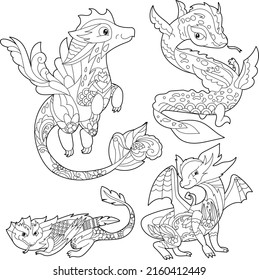 Se coloca con lujosos dragones sobre fondo blanco. Ilustración de contorno para el libro de colorear con reptile de fantasía.  Diseño de líneas de arte para adultos o niños en página de estilo zentangle, tatuaje y coloreado.