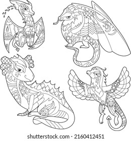 Set with fancy dragons on white background. Contour illustration for coloring book with fantasy reptile.  Line art design for adult or kids in zentangle style, tattoo and coloring page.