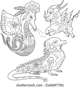 Se coloca con lujosos dragones sobre fondo blanco. Ilustración de contorno para el libro de colorear con reptile de fantasía.  Diseño de líneas de arte para adultos o niños en página de estilo zentangle, tatuaje y coloreado.