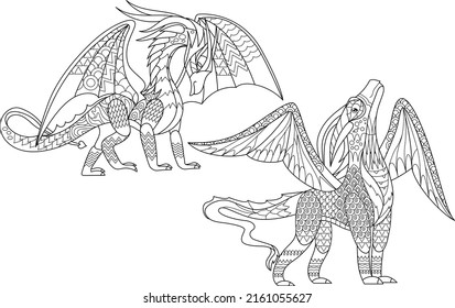 Set with fancy dragons on white background. Contour illustration for coloring book with fantasy reptile.  Line art design for adult or kids in zentangle style, tattoo and coloring page.