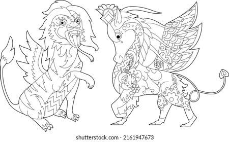 Set with fancy dragons on white background. Contour illustration for coloring book with fantasy reptile.  Line art design for adult or kids in zentangle style, tattoo and coloring page.