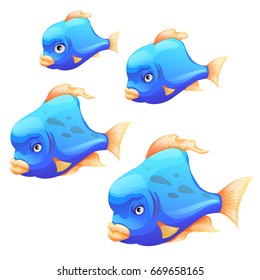 The set of fancy fish with blue scales isolated on a white background. Cartoon vector close-up illustration.