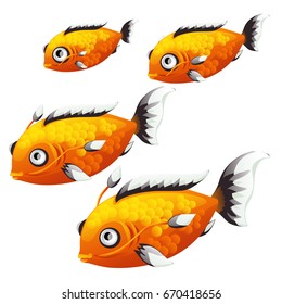 The set of fancy fish with orange scales isolated on a white background. Cartoon vector close-up illustration.