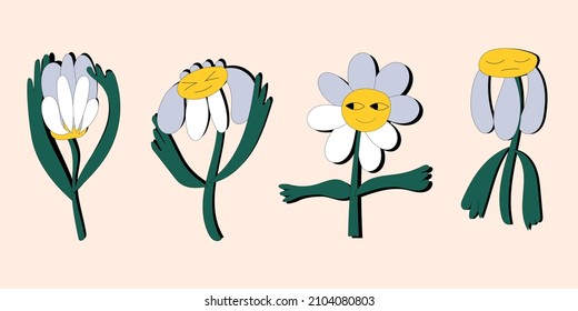 Un conjunto de elegantes y divertidas flores de margarita con ojos y emociones. Plantas hippie al estilo de los años 60 y 70. Ilustración del vector