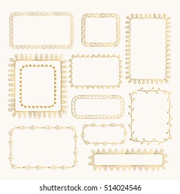 Set Of Fancy Gold Frames. Hand Drawn Ink Borders. Golden Vector Illustration. Isolated.