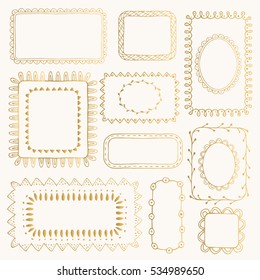 Set of fancy gold frames. Hand drawn ink borders. Golden vector illustration. Isolated