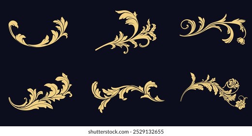 Set of fancy golden Baroque ornamental vector design. Vintage gold swirl floral filigree, flourish decorative elements.