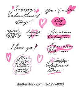 Set of fancy lettering quote for Valentines Day greeting cards and poster, prints. Hand drawn taxt in fashionable style