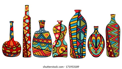 Set of fancy multicolored bottles with ethnic patterns. Fictional shapes. Various patterns. Design elements. Vector elements are grouped.