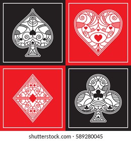 A set of fancy poker suits in vector format. This collection includes ornate illustrations of spades, hearts, diamonds and clubs.