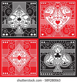 A set of fancy poker suits in vector format. This collection includes ornate illustrations of spades, hearts, diamonds and clubs.