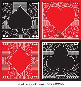 A set of fancy poker suits in vector format. This collection includes ornate illustrations of spades, hearts, diamonds and clubs.