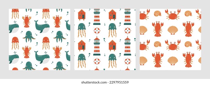 Set of fancy seamless patterns with cute sea animal, jellyfish, lighthouse, beach house, whale. Flat hand drawn summer backgrounds for wrapping paper, children merch, baby shower, fabric, textile