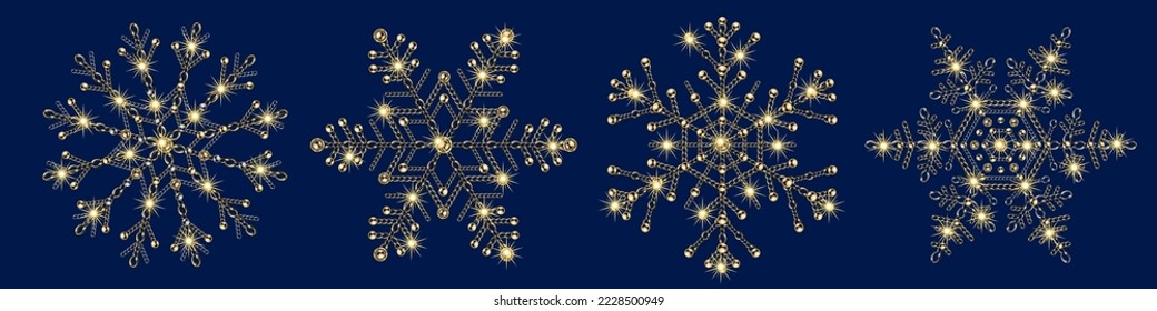 Set of fancy snowflakes made of jewelry chains and shiny ball beads. Elegant jewel illustration for winter sales, christmas, new year holiday, gift decoration.