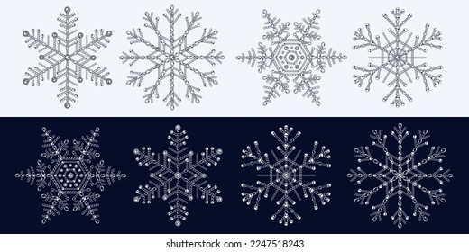 Set of fancy snowflakes made of jewelry chains. Monochrome black and white illustration for winter sales, christmas, new year holiday, gift decoration.