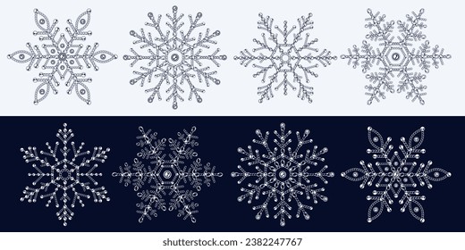 Set of fancy snowflakes made of jewelry chains. Monochrome black and white illustration for winter sales, christmas, new year holiday, gift decoration.