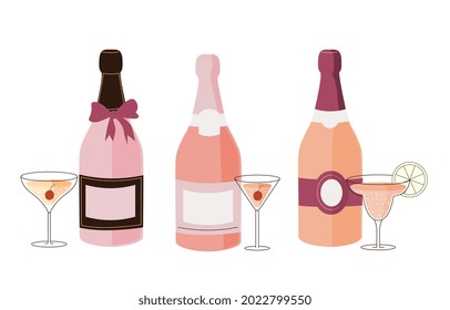 Set of fancy various bottles with colorful alcohol on white background. Bottles of different shapes and colors. Champagne, prosecco, rose, brut sparkling wines. Flat cartoon vector illustration