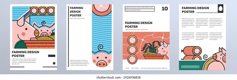 Set fancy vector illustration of a pig. Modern illustration for packaging, t-shirt, poster, flyer. Agricultural products industry for your projects. Free Muller font used. 