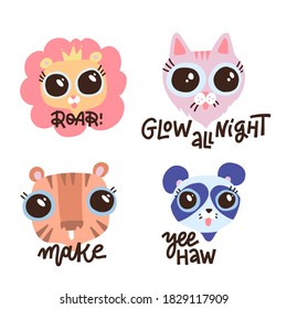 Set of fanny animals with lettering. Vector hand drawn illustration.