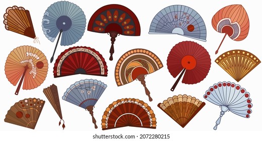 Eine Reihe von Fans. Accessoires verschiedener Formen und Farben. Östliche Kultur. einzelne Artikel auf weißem Hintergrund. Vektorgrafik