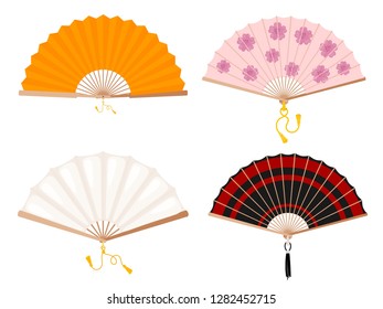 Set of fans on a white background. Yellow, white, with a floral pattern and red stripes fan. Japanese and Chinese fan with tassels. Vector illustration