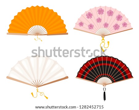 Set of fans on a white background. Yellow, white, with a floral pattern and red stripes fan. Japanese and Chinese fan with tassels. Vector illustration