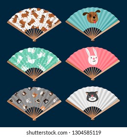 Set of fans pattern with dog, cat and bunny. Vector decoration traditional fan paper illustration