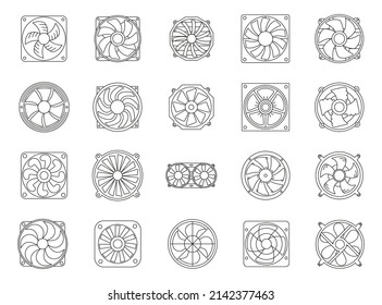 Set of fans and propellers icons. Linear Computer cooling device. Electrical temperature equipment outline. Vector illustration