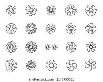 Set of fans and propellers icons. Linear Computer cooling device. Electrical temperature equipment outline. Vector illustration