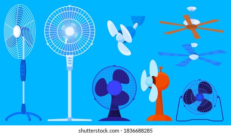 Set of fans, table fans, large fans, ceiling fans. Vector illustration