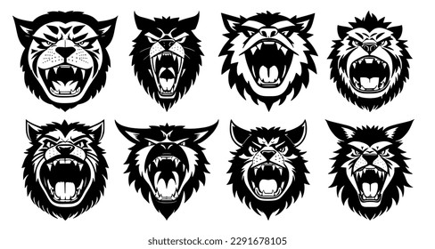 Set of fantastic animal heads with open mouth and bared fangs, with different angry expressions of the muzzle. Symbols for tattoo, emblem or logo, isolated on a white background.