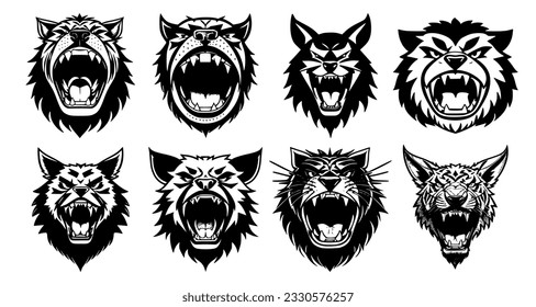 Set of fantastic animal heads with open mouth and bared fangs, with different angry expressions of the muzzle. Symbols for tattoo, emblem or logo, isolated on a white background.